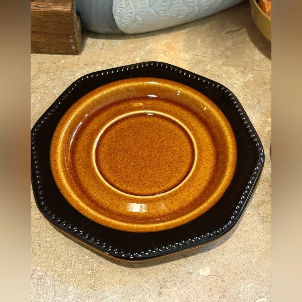 Vintage Sears Ironstone Octagon Amber Black and Brown Coffee Cup Set of 2
